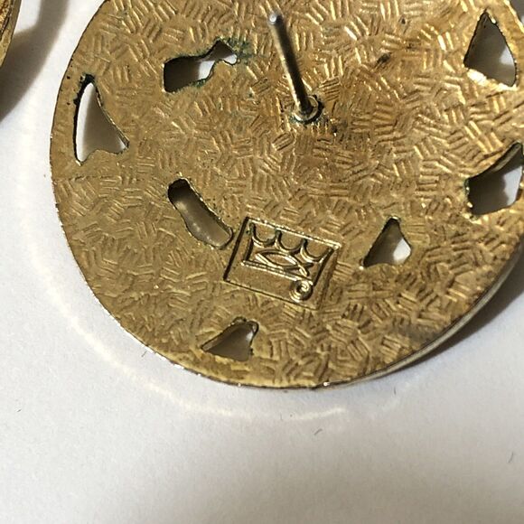 Retro Enamel Purple Earrings Gold Flower Circle Pierced Cutouts, Fish and Crown - Picture 3 of 8